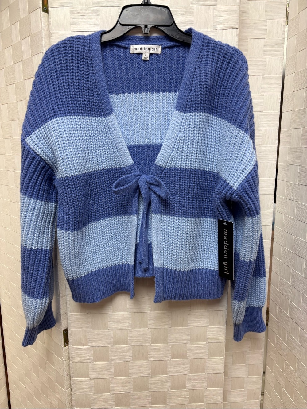 NWT Madden Girl Two-Tone Blue Striped Tie-Front Cardigan Medium